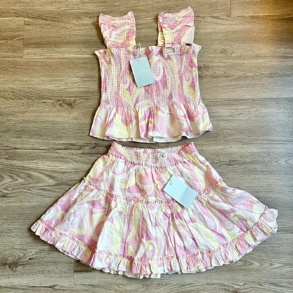 Hill House The Paz Top and Skirt Set Linen in Candy Kaleidoscope Size M NWT